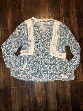 Dear John Floral Eyelet Crochet Lace Peplum Blouse Blue Green White Cotton S